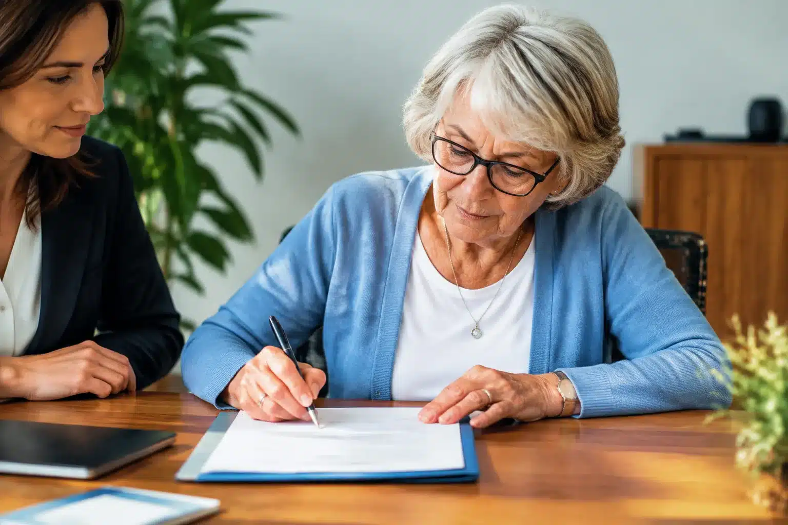 Personne agee signant document bancaire avec procuration pres d'elle