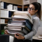 Personne tenant pile dossiers administratifs volumineux bureau