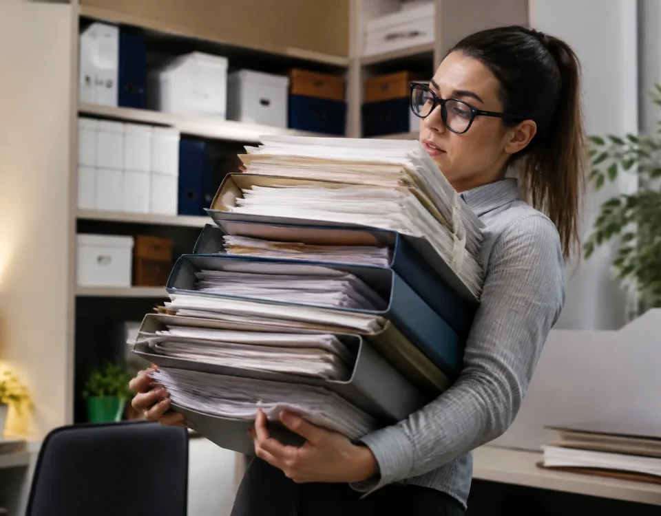 Personne tenant pile dossiers administratifs volumineux bureau