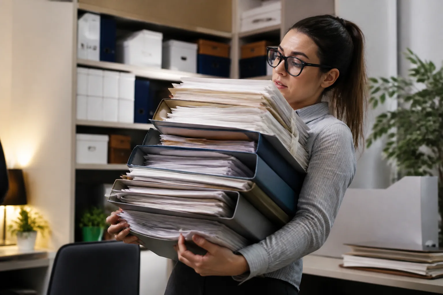 Personne tenant pile dossiers administratifs volumineux bureau