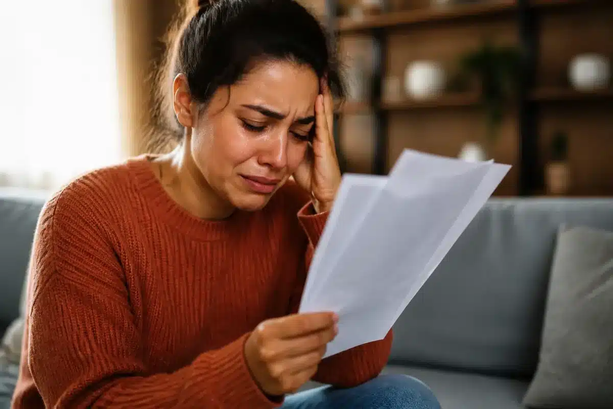 Personne en larmes tenant documents administratifs avec expression tourmentée