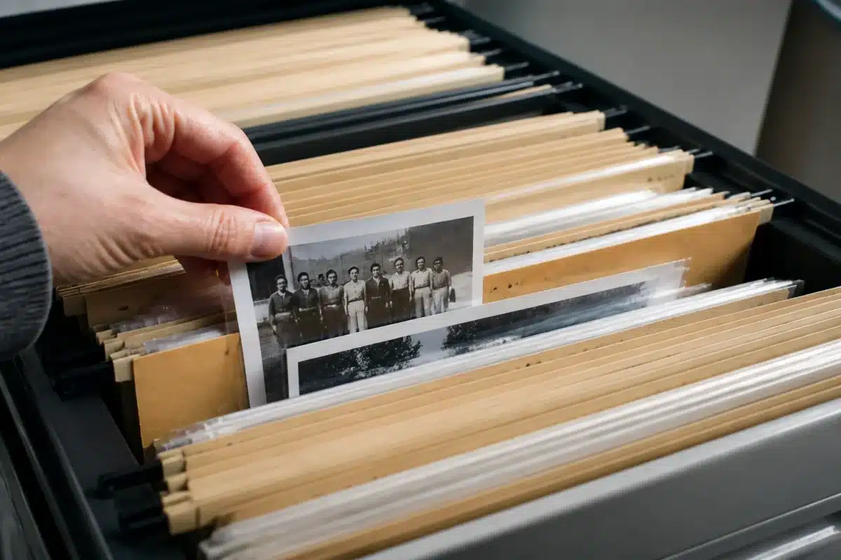 Dossiers numerotes avec photos classees par pieces successorales