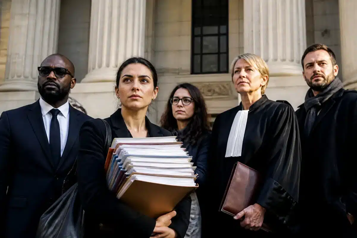 Groupe de plaignants devant tribunal avec dossiers judiciaires