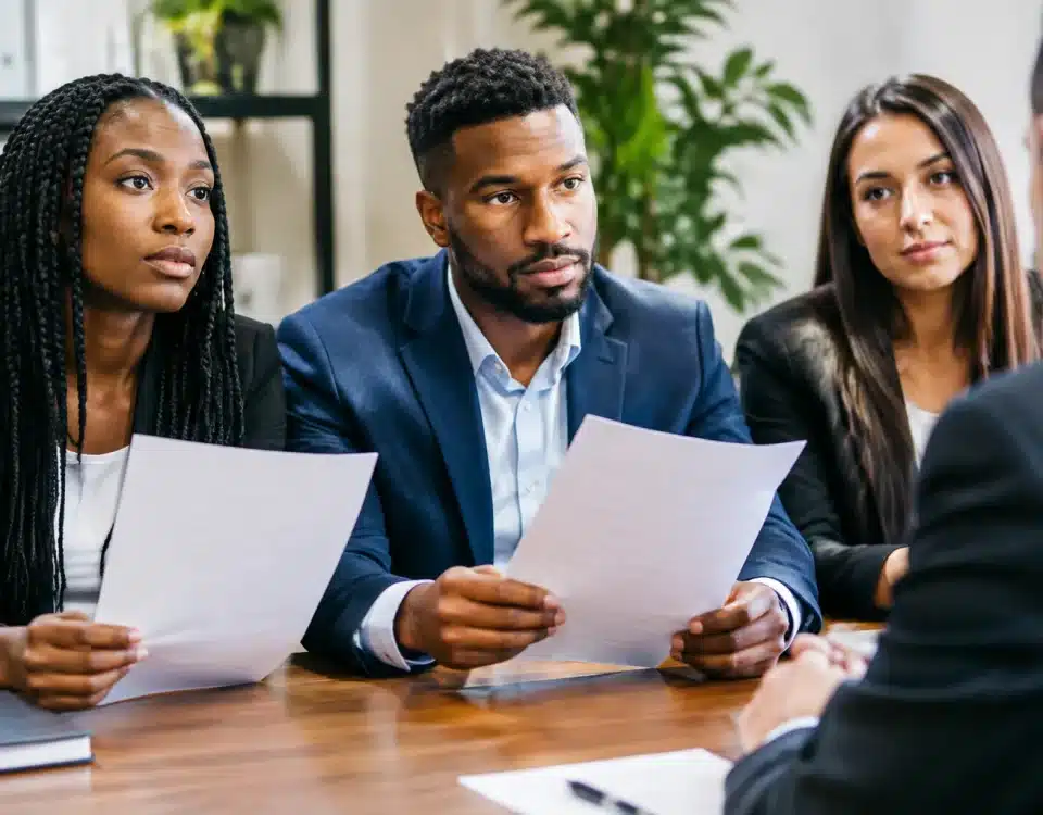 Groupe de personnes assises presentant des documents de plainte officielle