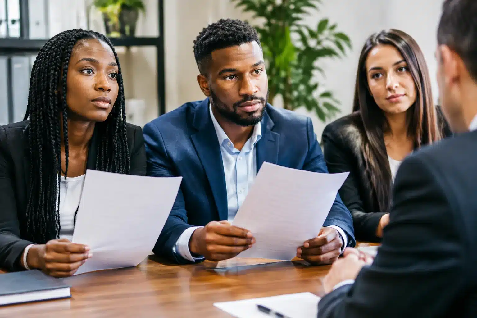 Groupe de personnes assises presentant des documents de plainte officielle