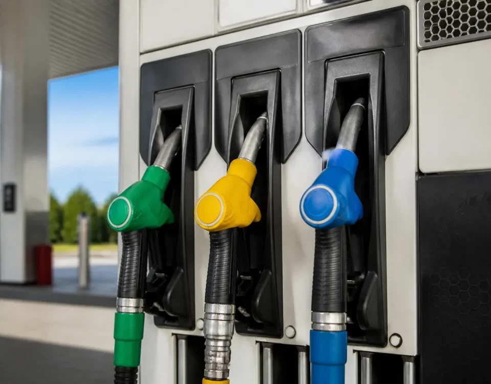Pompe carburant affichant prix essence, diesel et gaz naturel
