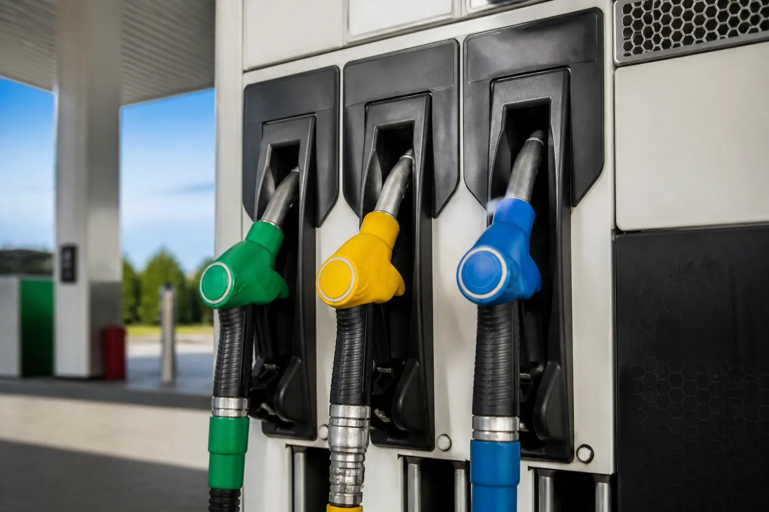 Pompe carburant affichant prix essence, diesel et gaz naturel