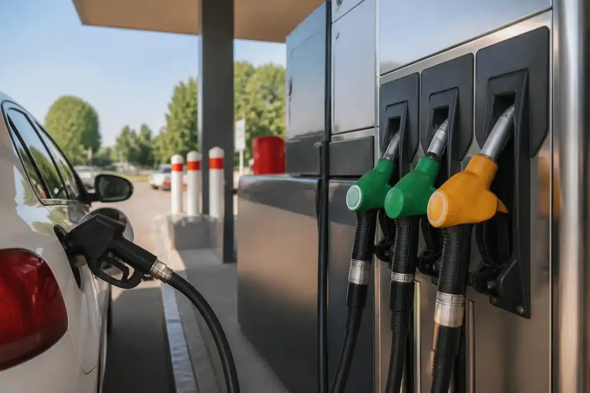 Pompe essence affichant prix élevé sur autoroute
