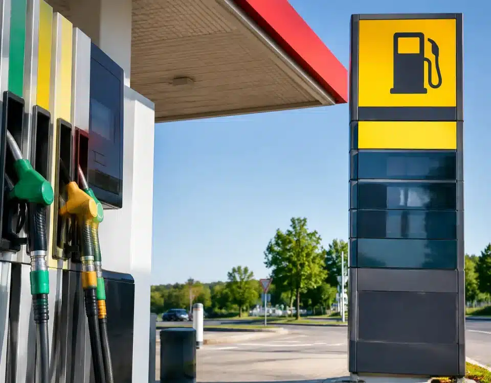 Pompe essence affichant prix carburant diesel sur panneau routier