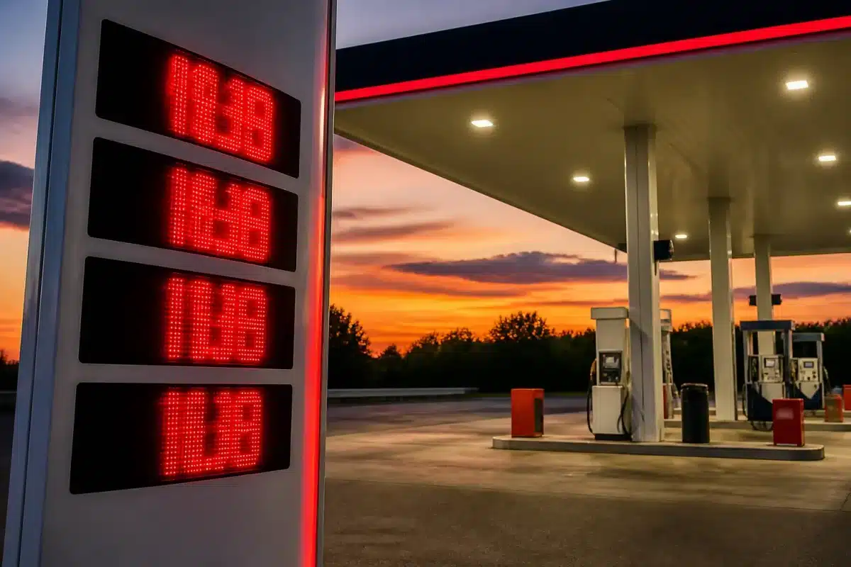 Pompes essence affichant prix elevés sur panneau lumineux