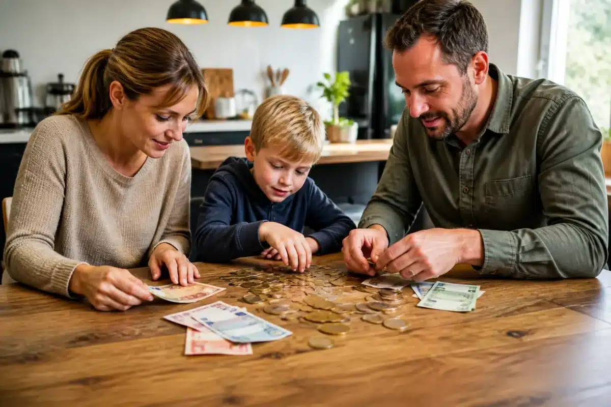 Famille comptant billets et pieces sur table de cuisine