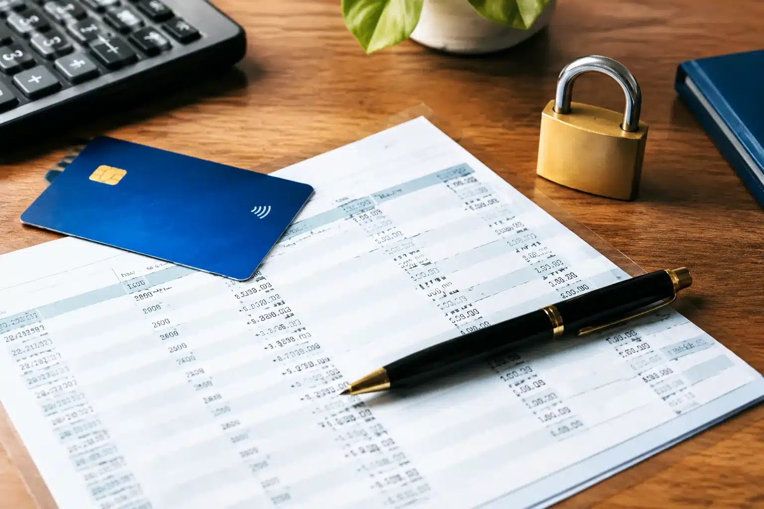 Document bancaire avec stylo posé sur relevé de compte bloqué