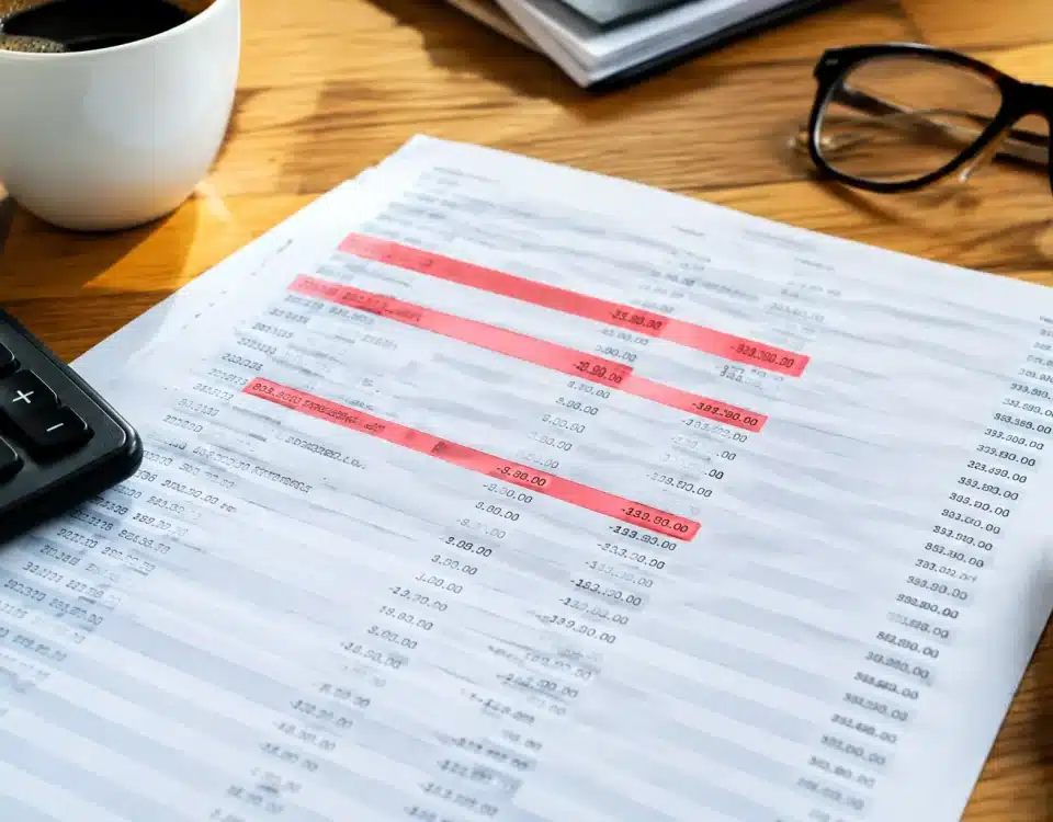Relevé bancaire étalé montrant plusieurs prélèvements automatiques surlignés en rouge