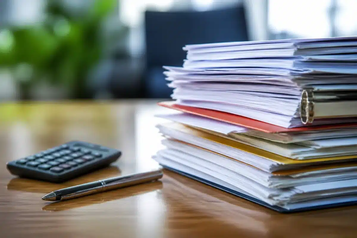 Documents administratifs empiles avec stylo et calculatrice visibles