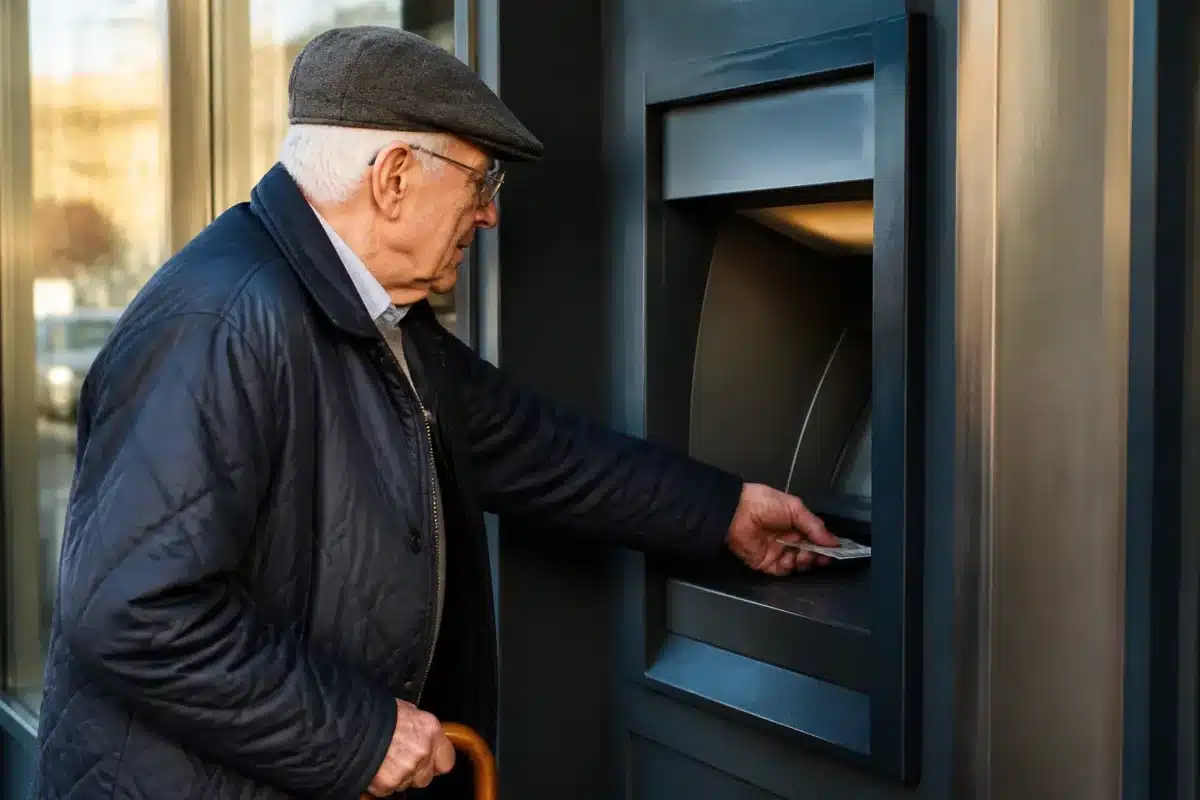 Personne agee retirant argent liquide au distributeur bancaire