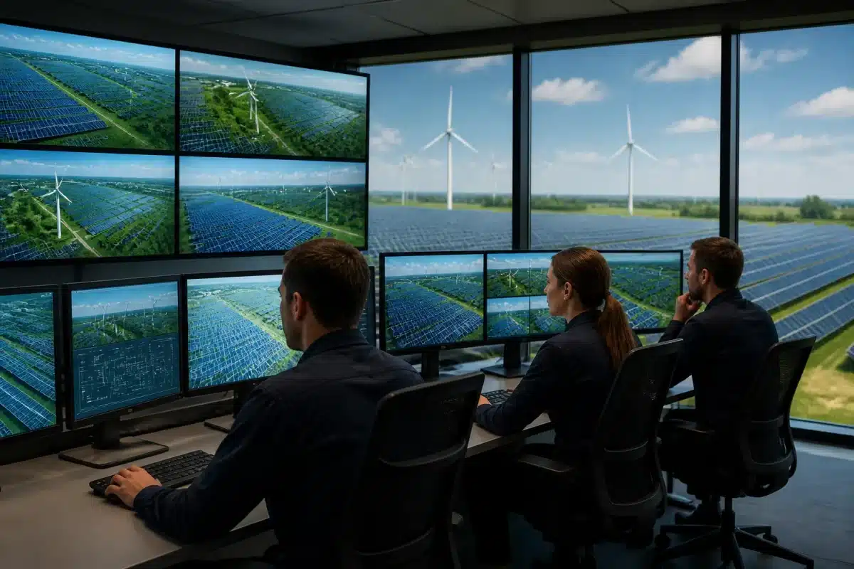 Techniciens surveillant panneaux solaires et eoliennes depuis centre controle