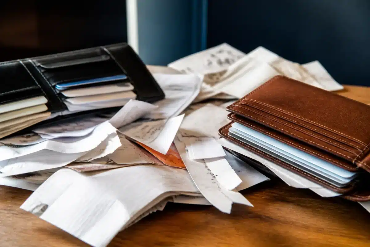 Deux portefeuilles separes avec factures et documents financiers meles