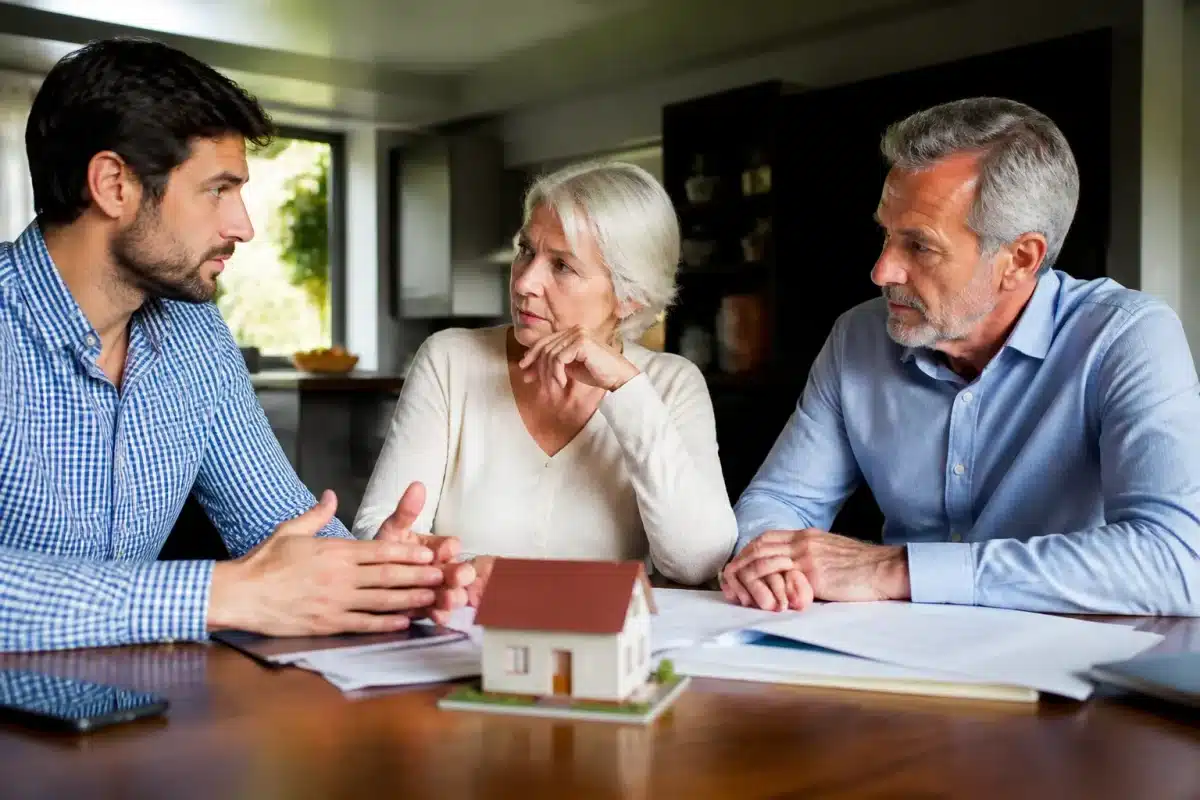 Maison avec documents de succession et trois personnes discutant partage