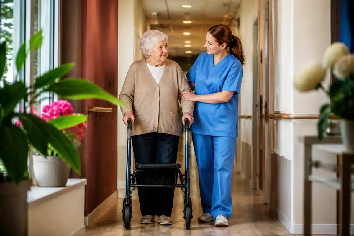 Professionnels soignants assistant residents ages dans couloir etablissement