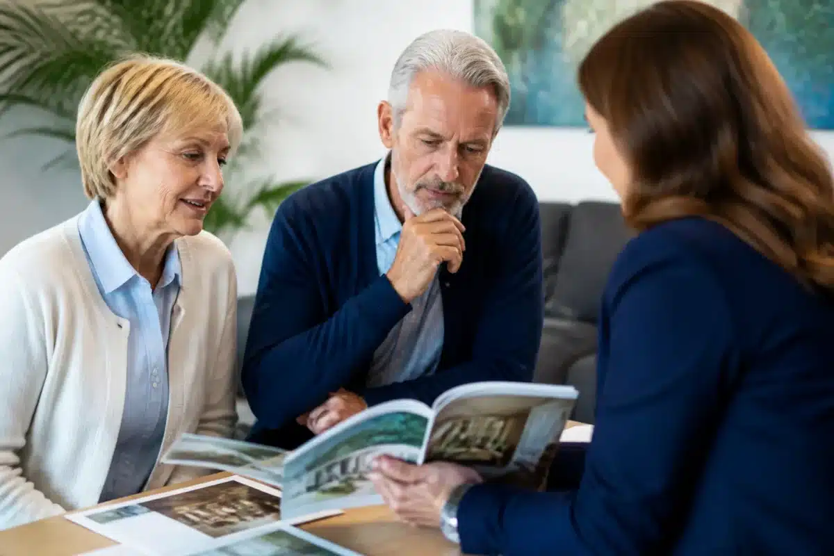 Personnes agees discutant tarifs residence avec brochures colorees
