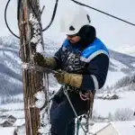 Technicien Enedis intervenant sur poteau electrique enneige en hiver