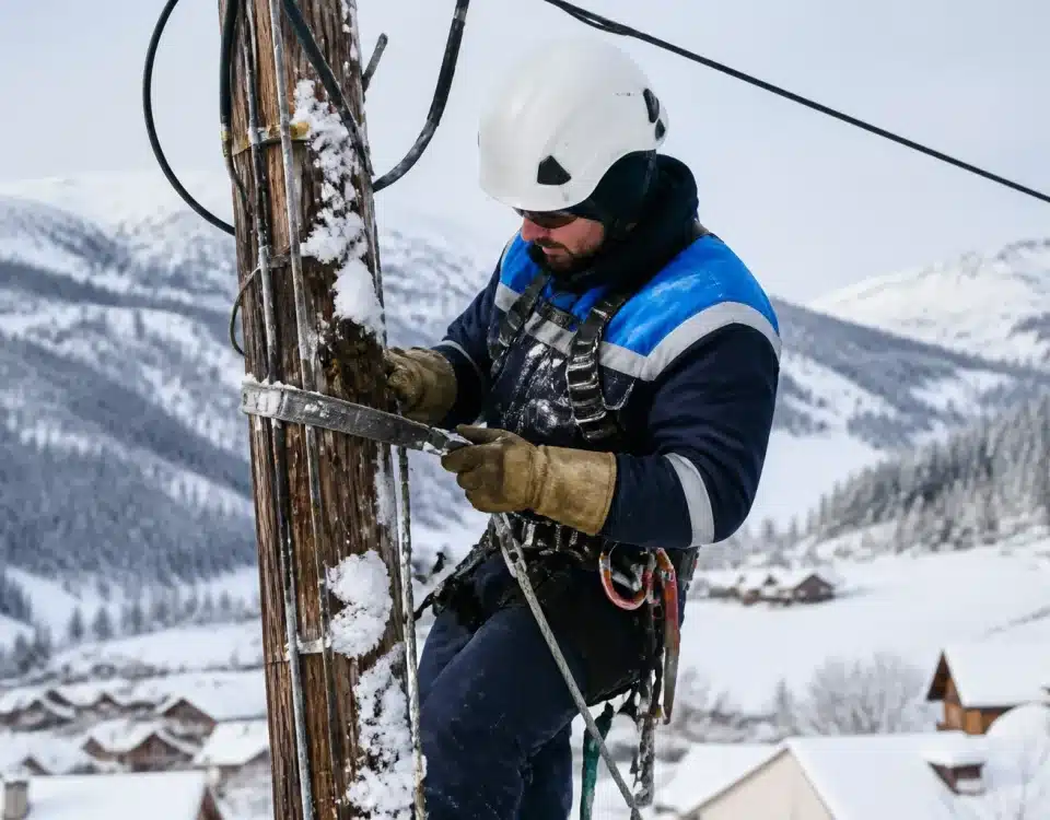 Technicien Enedis intervenant sur poteau electrique enneige en hiver