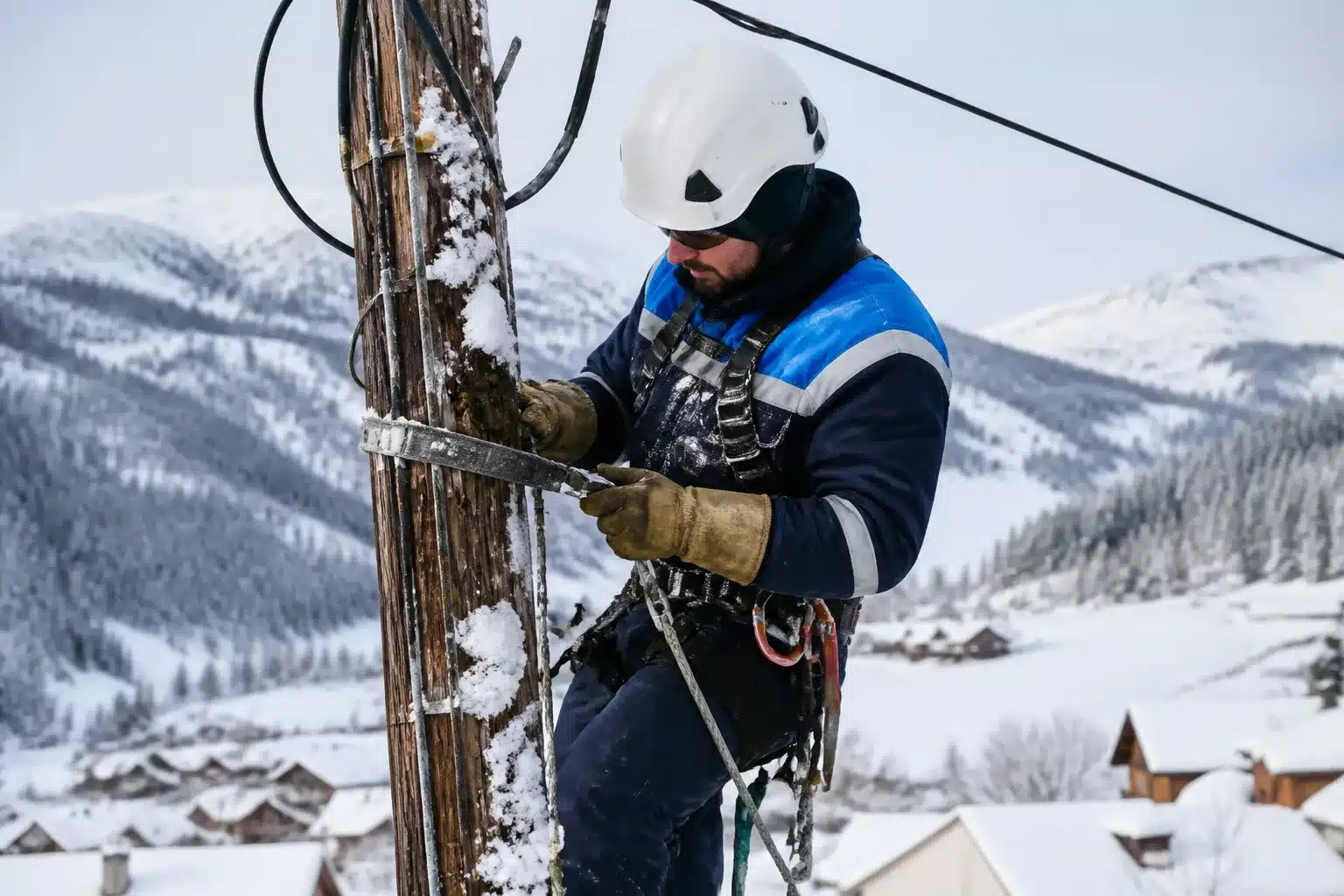 Technicien Enedis intervenant sur poteau electrique enneige en hiver
