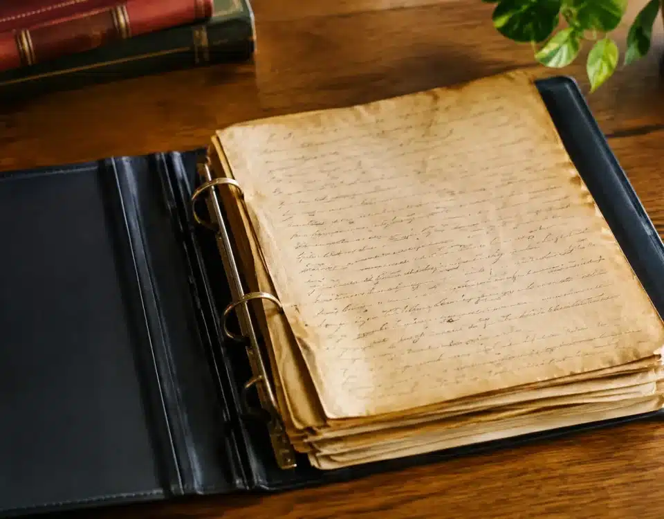 Document manuscrit jauni reposant sur dossier légal ouvert