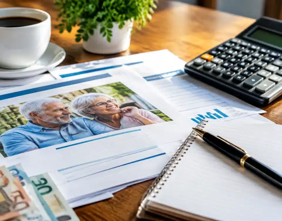 Documents de retraite etales sur bureau avec calculatrice et stylo