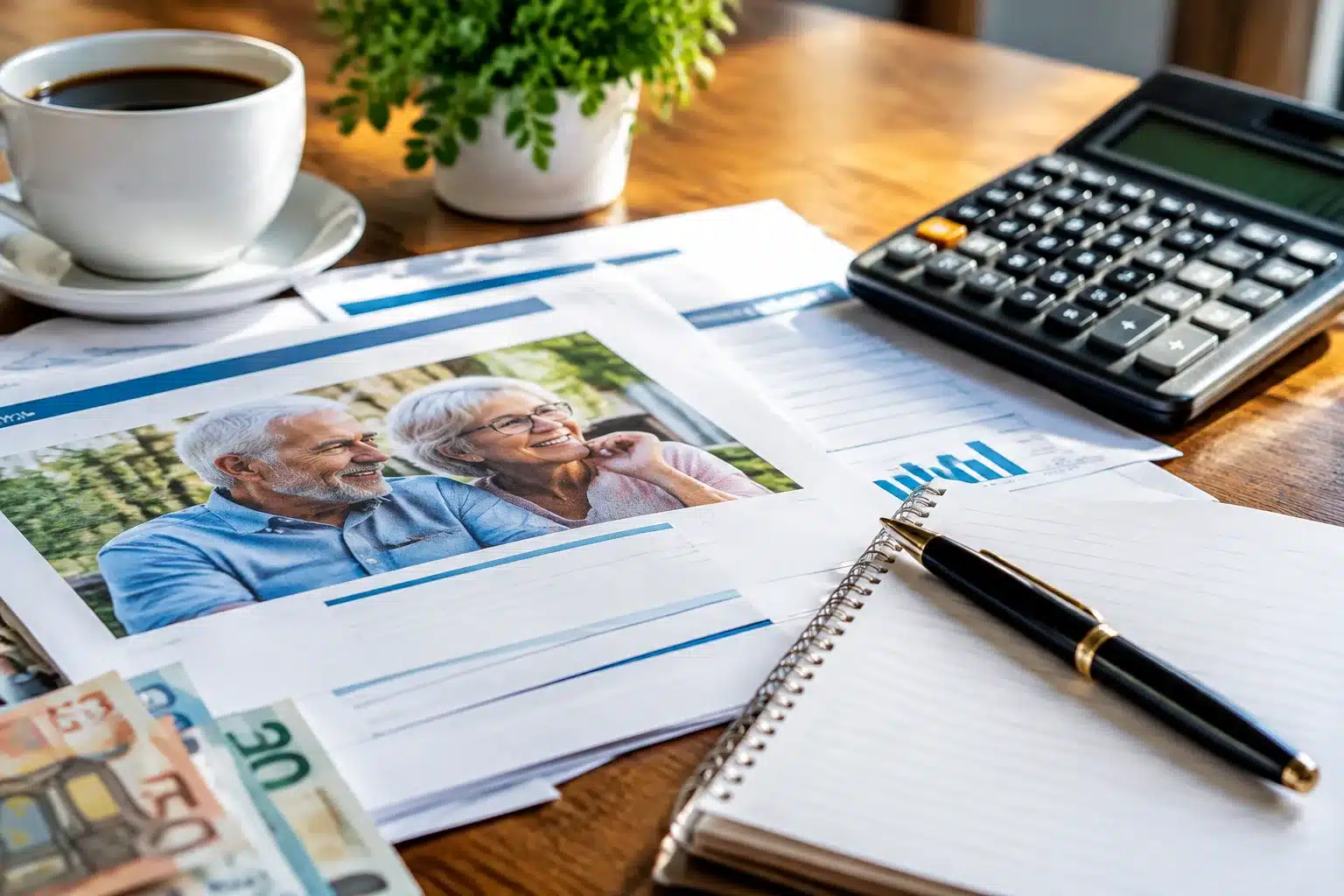 Documents de retraite etales sur bureau avec calculatrice et stylo
