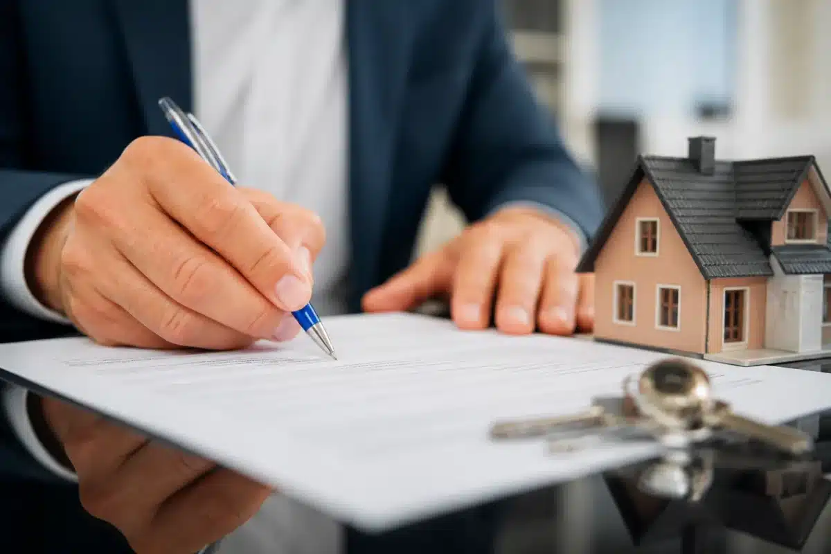 Contrat immobilier signé avec stylo bleu sur document