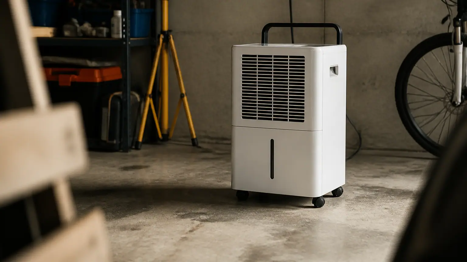 Appareil de sechage pose dans un garage en beton