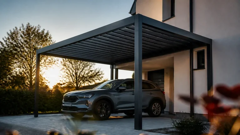Auvent metallique installe devant maison et vehicule garee dessous