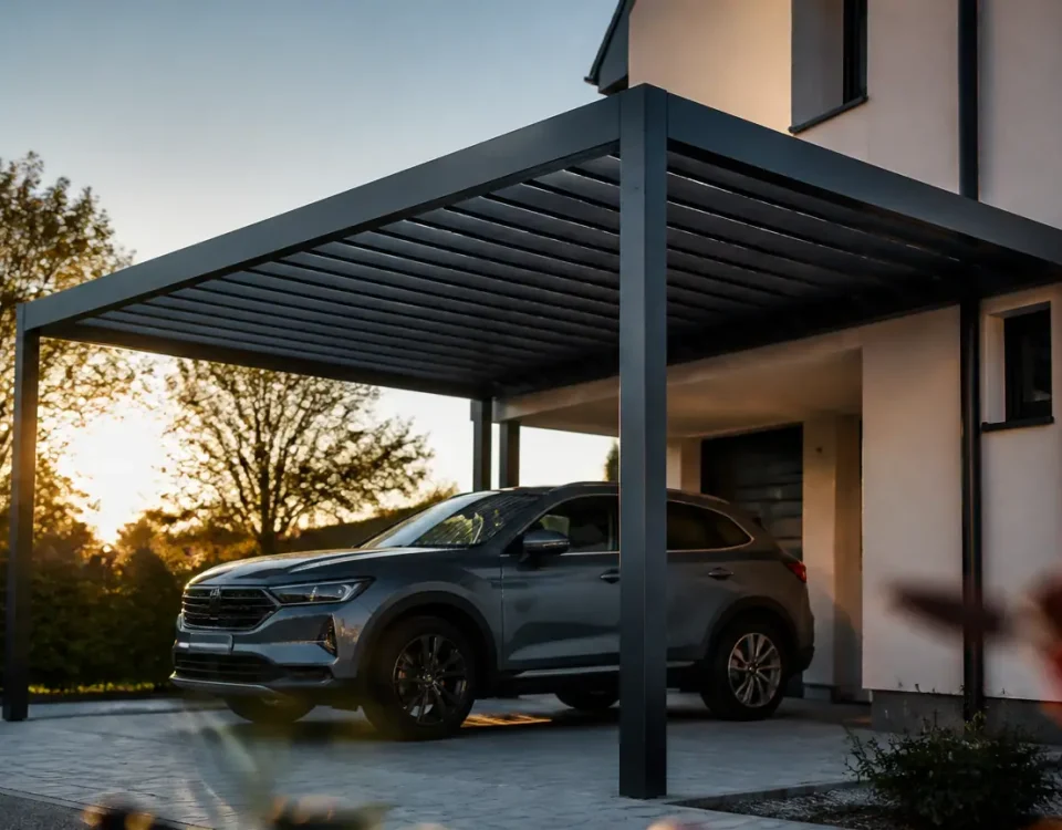 Auvent metallique installe devant maison et vehicule garee dessous