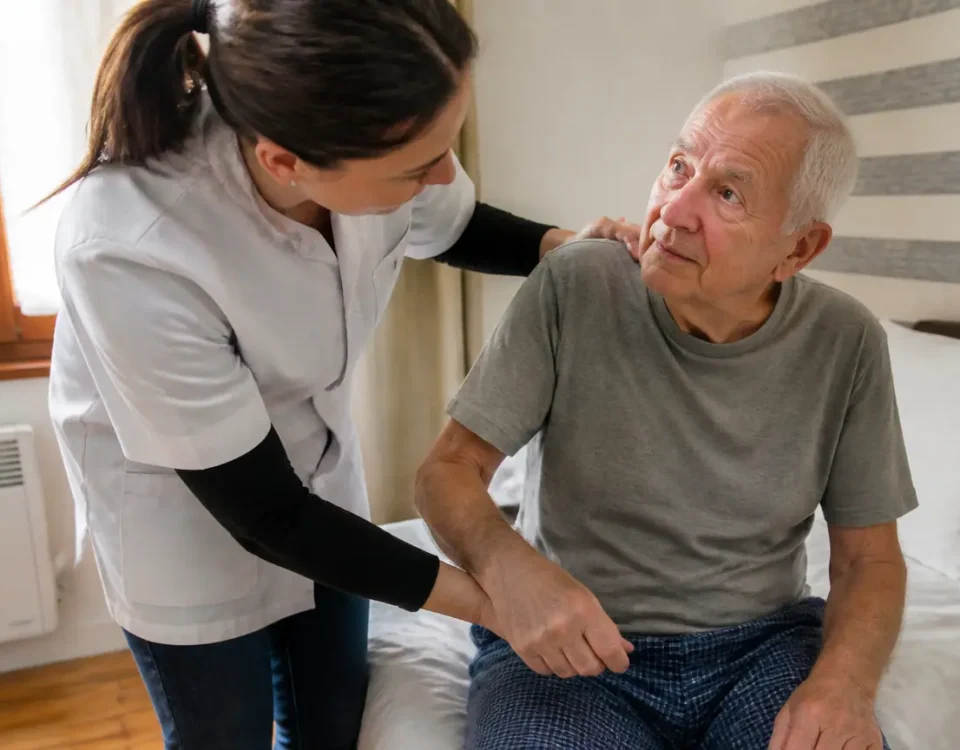 Auxiliaire de vie aidant un vieil homme assis