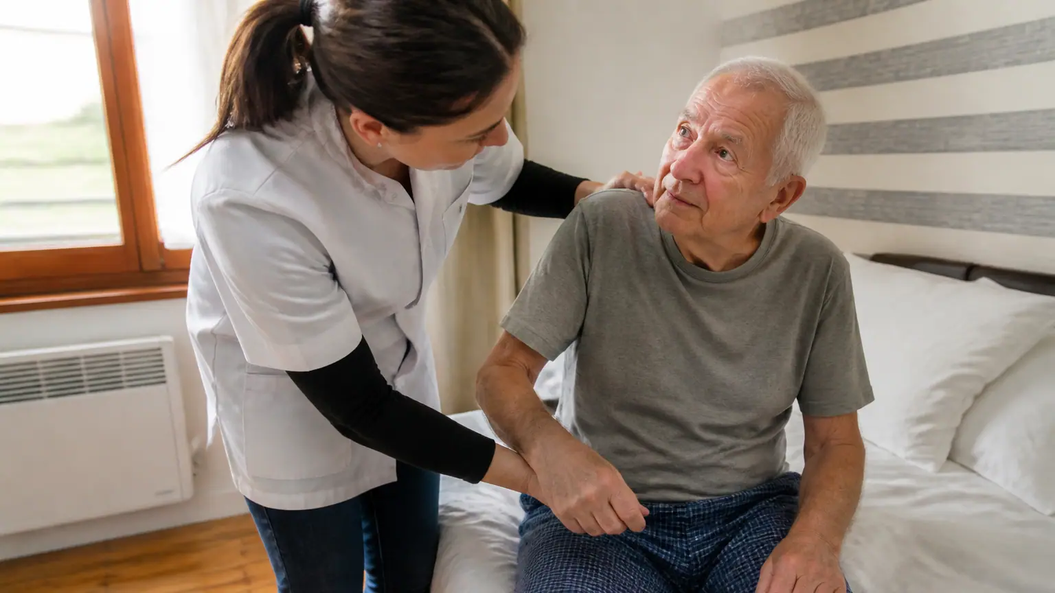 Auxiliaire de vie aidant un vieil homme assis