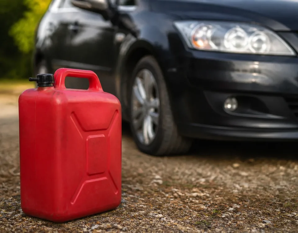 Bidon de fioul rouge pose pres d'une voiture diesel