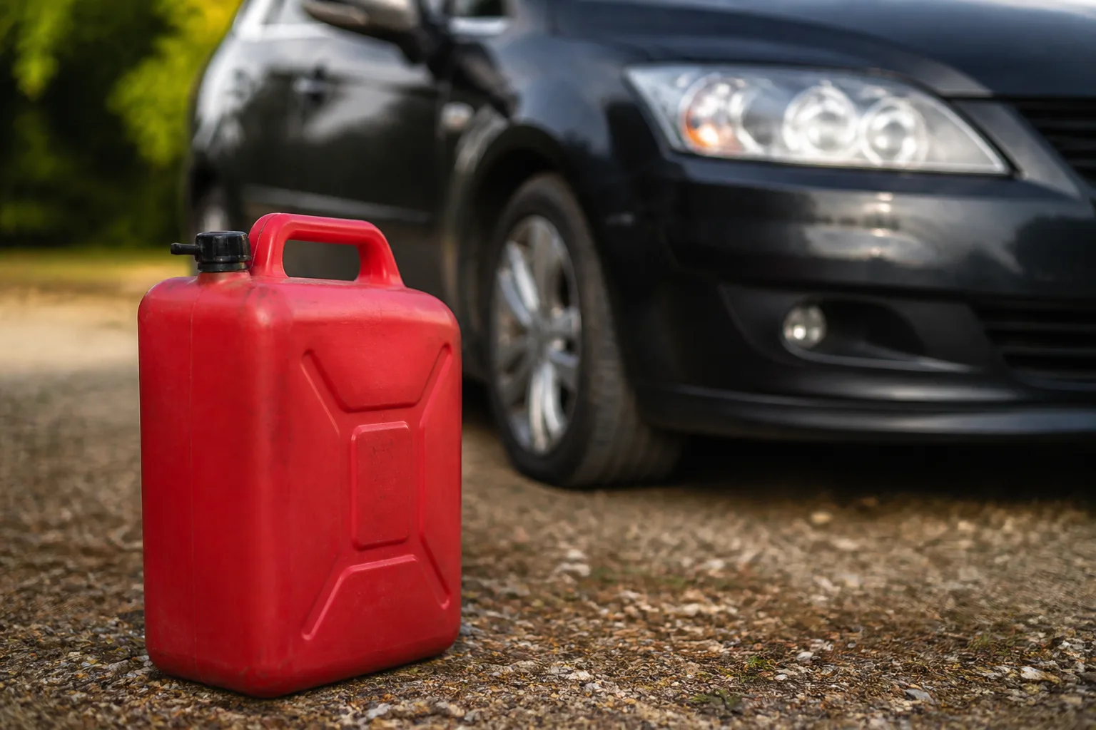 Bidon de fioul rouge pose pres d'une voiture diesel