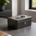 Boite metallique verrouillee posee sur bureau gris