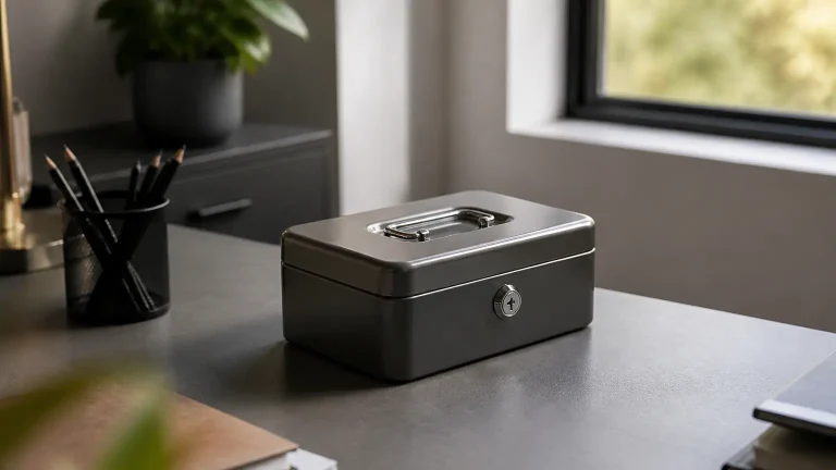 Boite metallique verrouillee posee sur bureau gris