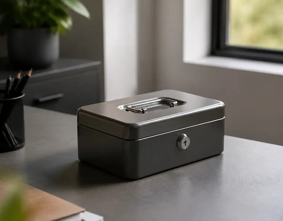 Boite metallique verrouillee posee sur bureau gris
