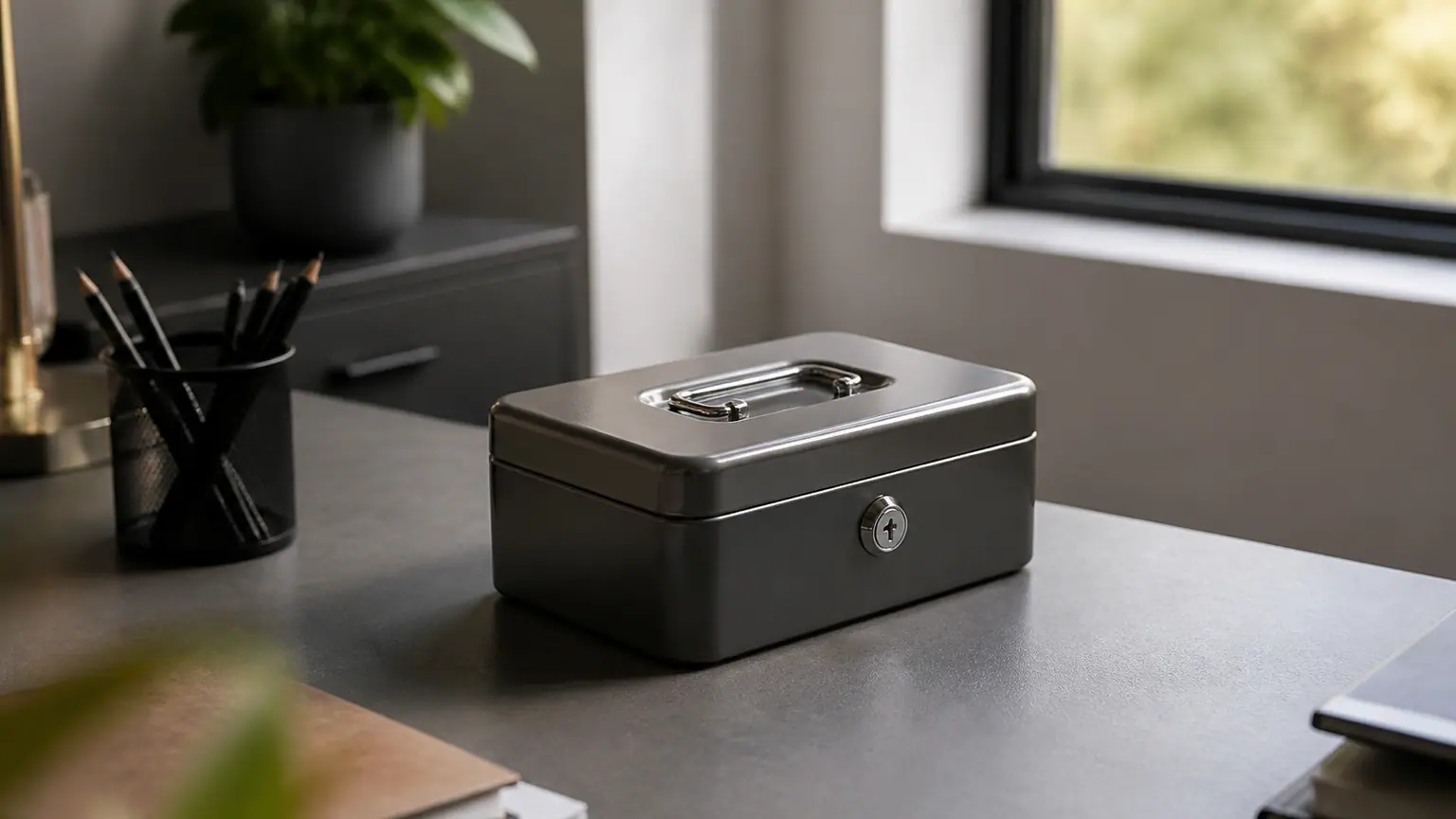 Boite metallique verrouillee posee sur bureau gris
