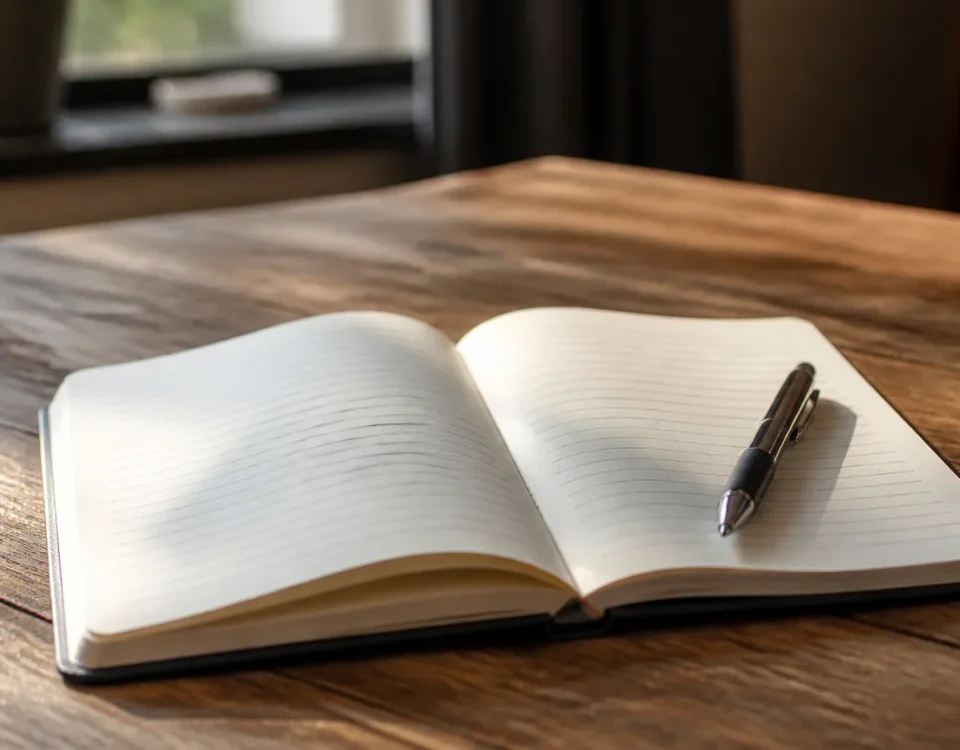 Cahier ouvert et stylo poses sur table en bois
