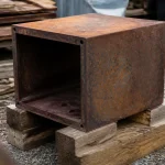 Caisson metallique rouille reposant sur blocs de bois