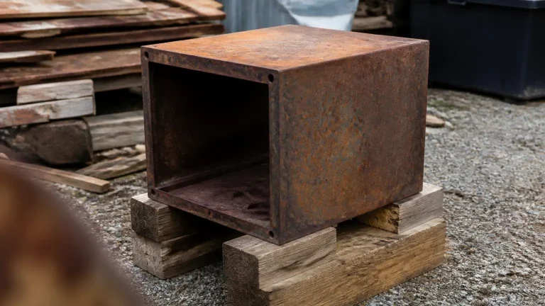 Caisson metallique rouille reposant sur blocs de bois