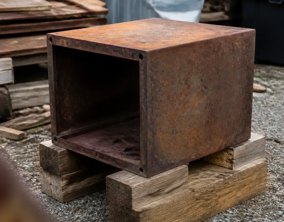 Caisson metallique rouille reposant sur blocs de bois