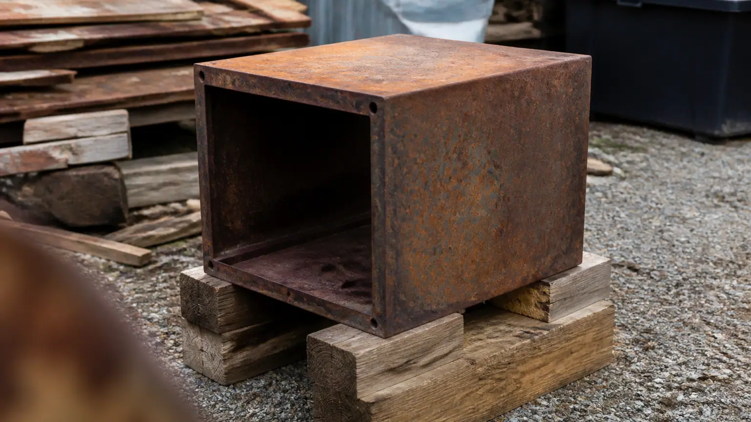 Caisson metallique rouille reposant sur blocs de bois