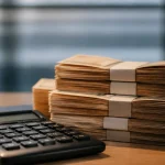 Calculatrice et billets empilés sur un bureau