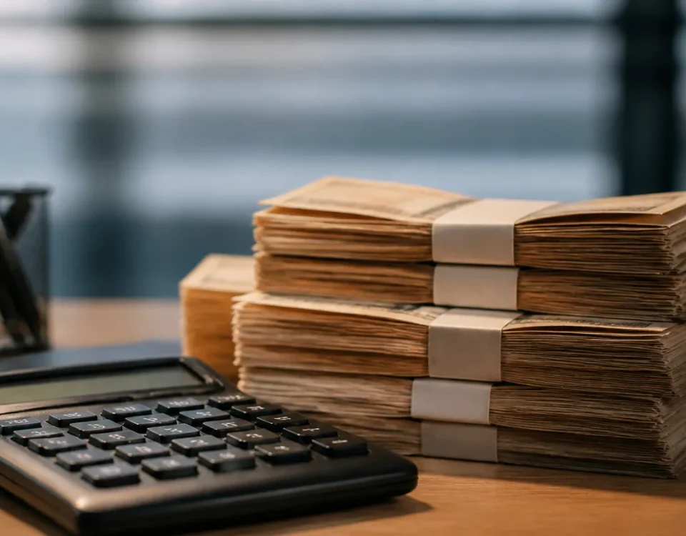 Calculatrice et billets empilés sur un bureau