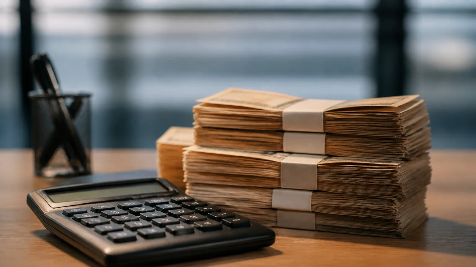 Calculatrice et billets empilés sur un bureau